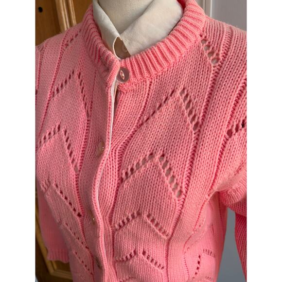 Vintage Pink Knit Cardigan Chevron Eyelet Design Button Front Women’s M - Picture 3 of 8